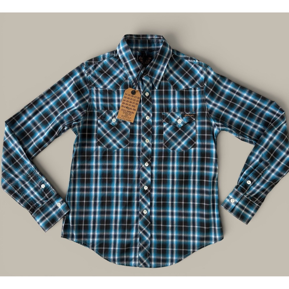 Civilianaire Western Plaid Button Down Shirt Large Blue Black Workwear NWT